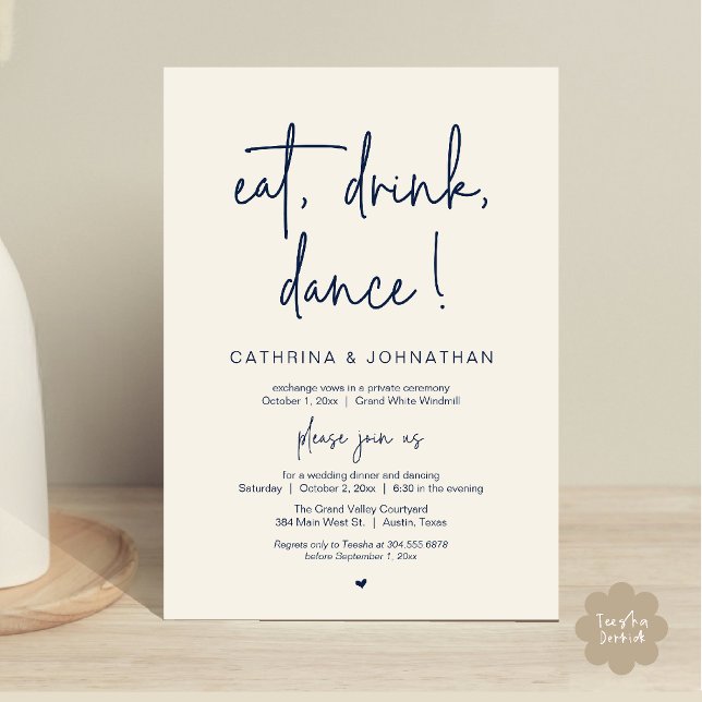 Convite Comer, Beber, Dançar, Casamento Simples e Elegante (Eat, Drink, Dance Elegant Wedding Elopement Dinner Invitation Card in Navy Blue and Ivory)