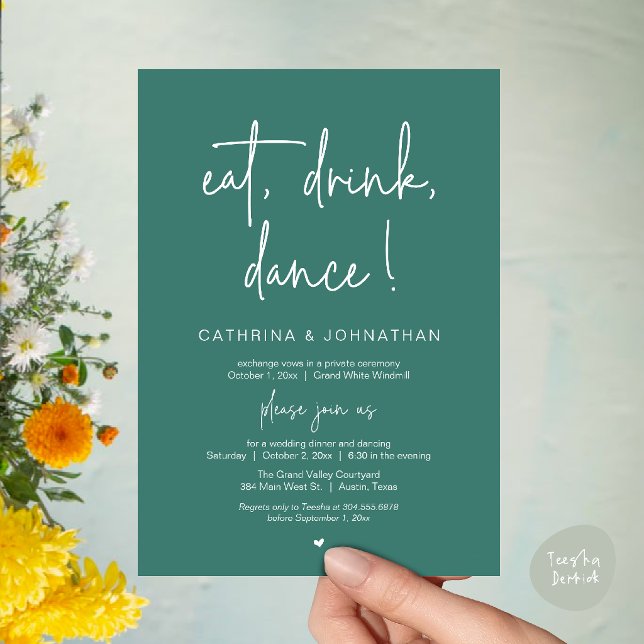 Convite Comer, Beber, Dançar, Casamento Simples e Elegante (Eat, Drink, Dance Elegant Wedding Elopement Dinner Invitation Card in Teal Green)