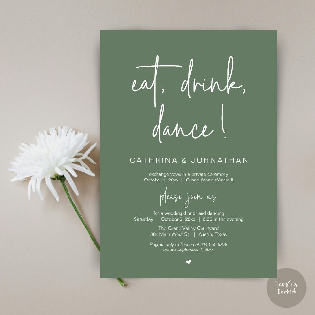 Convite Comer, Beber, Dançar, Recepção Elegante em Verde S (Eat, Drink, Dance Elegant Wedding Elopement Dinner Invitation Card in Sage Green)