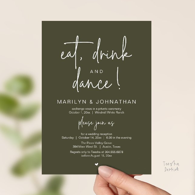 Convite Comer, Beber e Dançar, Recepção de Casamento Moder (Eat, Drink and Dance, Modern Wedding Reception Dinner Party Invitation Card in olive green)