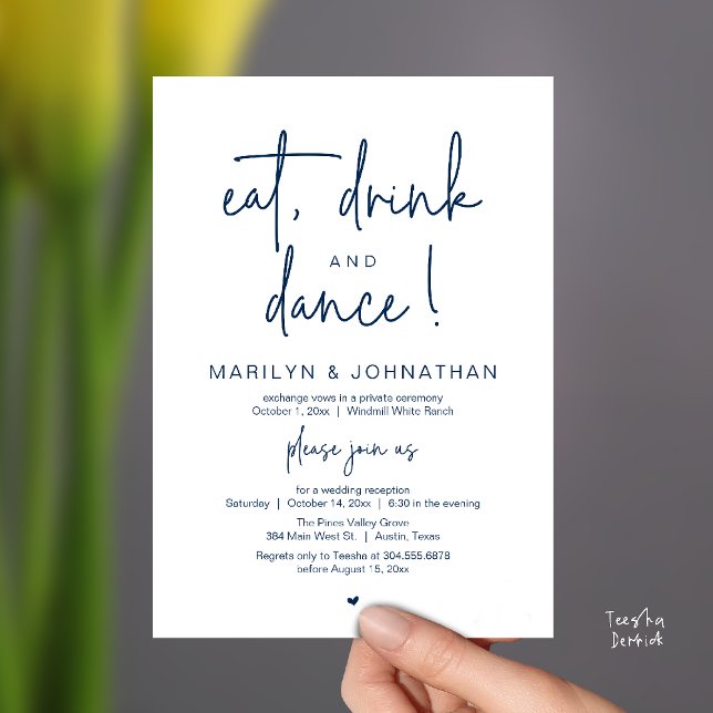 Convite Comer, Beber e Dançar, Recepção de Casamento Moder (Eat, Drink and Dance, Modern Wedding Reception Dinner Party Invitation Card in navy blue)