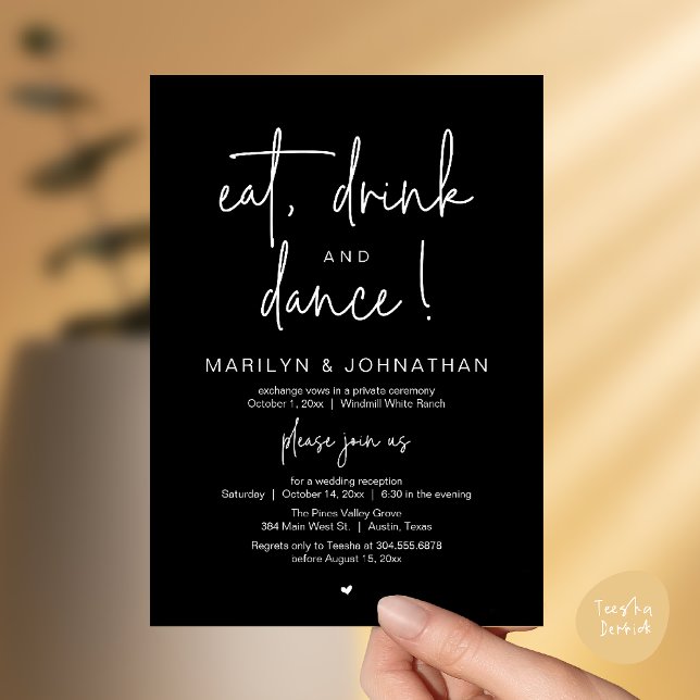 Convite Comer, Beber e Dançar, Recepção de Casamento Moder (Eat, Drink and Dance, Modern Wedding Reception Dinner Party Invitation Card in black and white)