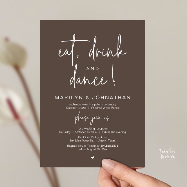 Convite Comer, Beber e Dançar, Recepção de Casamento Moder (Eat, Drink and Dance, Modern Wedding Reception Dinner Party Invitation Card in dark taupe brown)