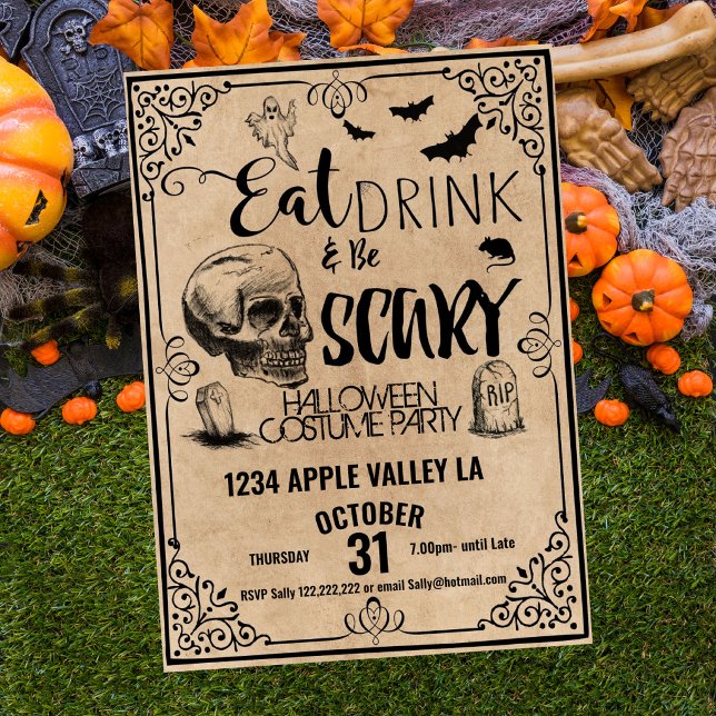 Convite comer beber e ser assustador festa de halloween (Criador carregado)