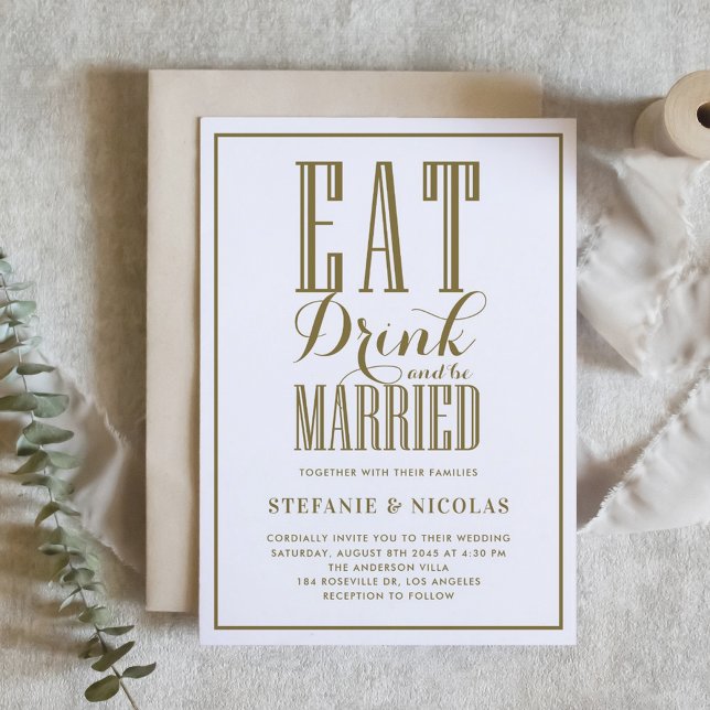 Convite Comer Dourado, Beber e casar-se. (Gold Eat, Drink and be Married Wedding Invitation)