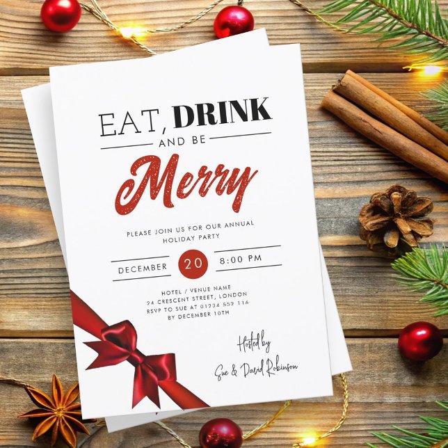 Convite Comer Moderno, Beber Ser Feliz Fita Vermelha De Xm (Modern Eat, Drink Be Merry Xmas Red Ribbon Invitation)