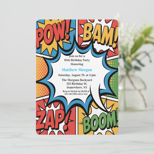 Convite Comic Book Pop Art Boy Birthday Party White (Em pé/Frente)