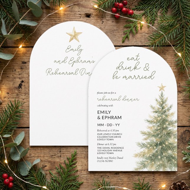 Convite Comida Bebida Casamento Arco Jantar de Ensaio de N (Christmas Tree wedding rehearsal dinner arch shape invitation by Darling & May)