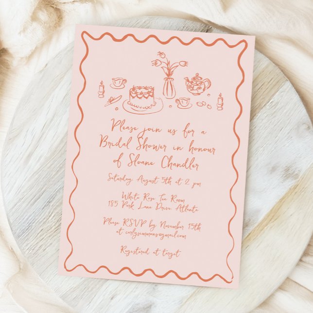 Convite Comida e Bebidas Desenhadas à Mão para Brunch de N (whimsical food and drink doodles bridal shower invitation in light peach)