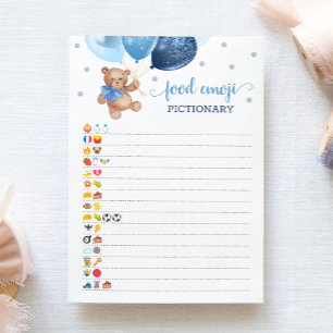 Convite Comida Emoji Pictionary game Blue Teddy Bear Card