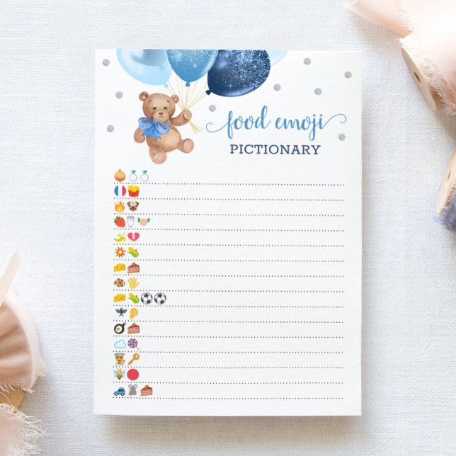 Convite Comida Emoji Pictionary game Blue Teddy Bear Card (Criador carregado)