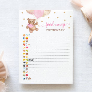 Convite Comida Emoji Pictionary game Pink Teddy Bear Card