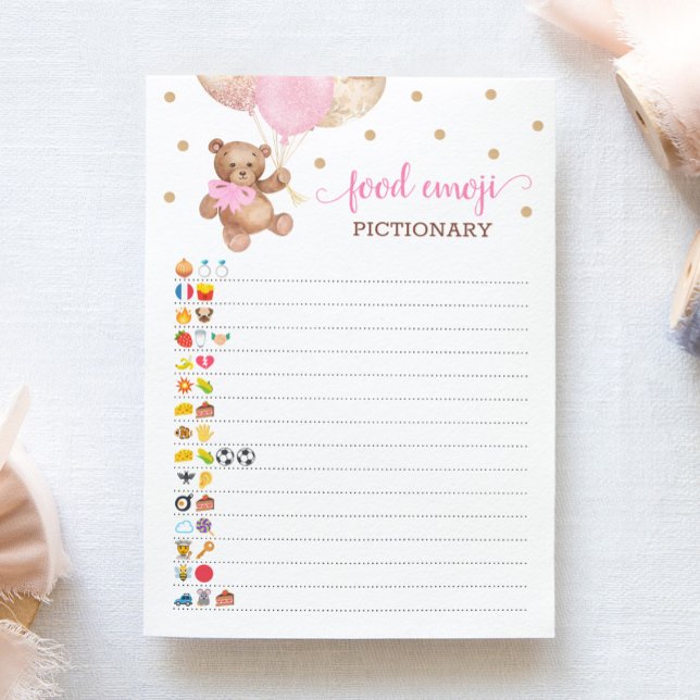 Convite Comida Emoji Pictionary game Pink Teddy Bear Card (Criador carregado)