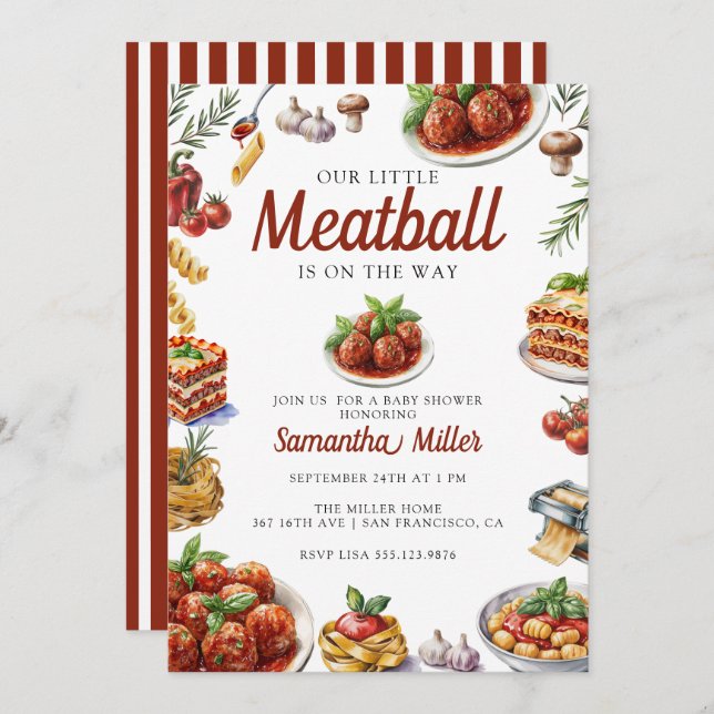 Convite Comida italiana | Chá de fraldas de aquarelas (Frente/Verso)