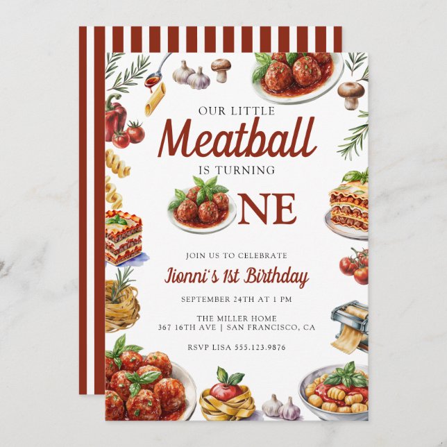 Convite Comida italiana | Primeiro aniversario de Aquarela (Frente/Verso)