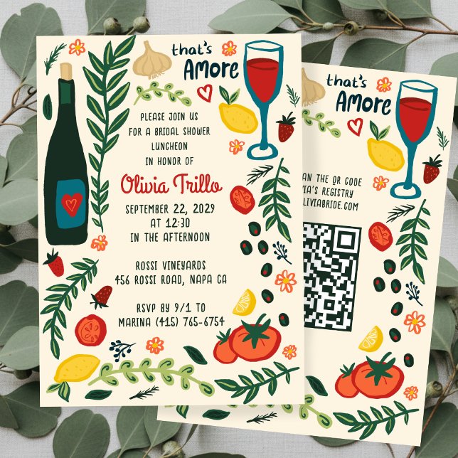 Convite Comida Italiana That's Amore CUSTOM Chá de Noiva Q (That's Amore Italian Food Hand-drawn Doodle CUSTOM QR code Bridal Shower Party Invitation
)