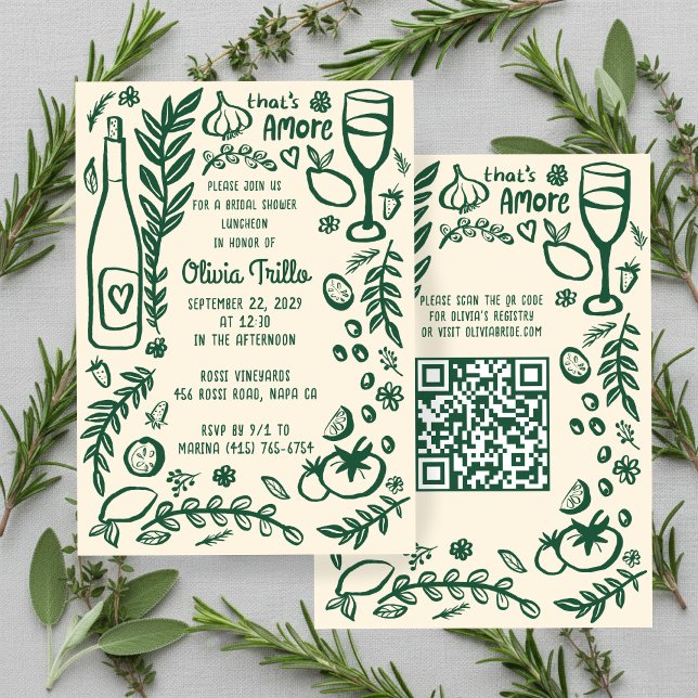 Convite Comida Italiana That's Amore CUSTOM Chá de Noiva Q (That's Amore Italian Food Hand-drawn Doodle CUSTOM QR Code Bridal Shower Party Invitation
)