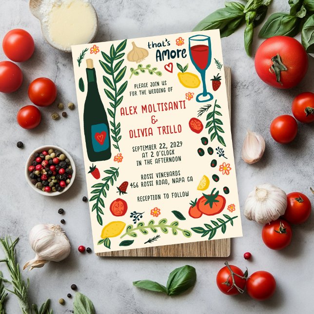 Convite Comida Italiana That's Amore Festa de Casamento PE (That's Amore Italian Food CUSTOM Hand-drawn Charming Wedding Party Invitation
)
