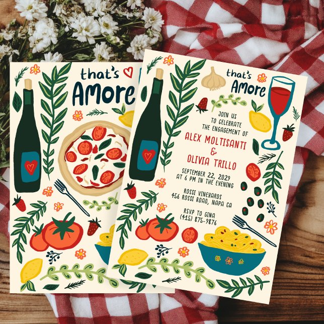 Convite Comida Italiana That's Amore Festa de Engajamento  (That's Amore Italian Food CUSTOM Engagement Party Invitation
)