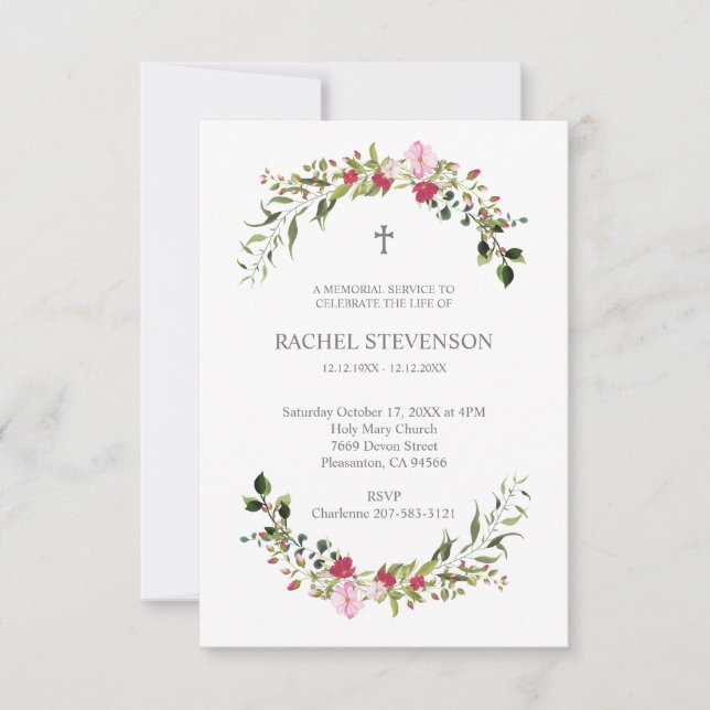 Convite Commemorative In memoriam Floral in Pink & Red (Frente)