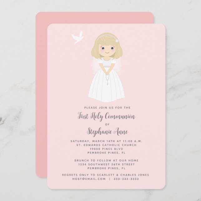 Convite Communion Dove Blonde Girl (Frente/Verso)