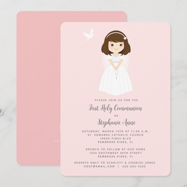 Convite Communion Dove Brunette Girl (Frente/Verso)