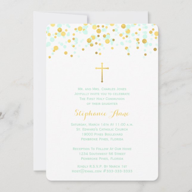 Convite Communion Mint e Dourado Confetti (Frente)