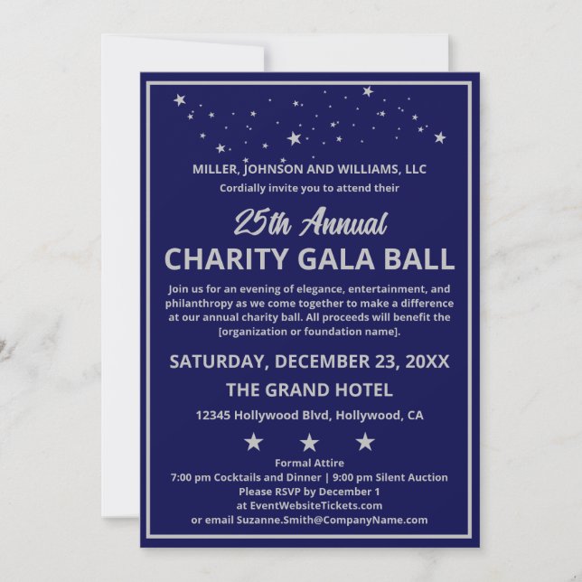 Convite Companhia Charity Gala Ball Elegante Blue Silver (Frente)