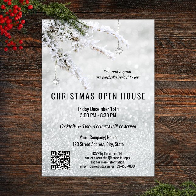 Convite Companhia de Natal de Neve Esparcial Open House QR (Christmas open house party invitation with an elegant silver snow design and QR code template)