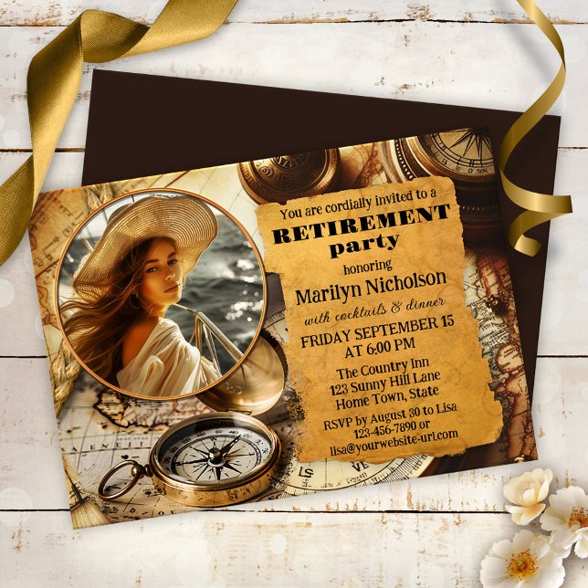 Convite Compass Viagem Vintage Photo Retirement Party (Vintage travel retirement party invitation featuring your photo on a map with compass and old paper)