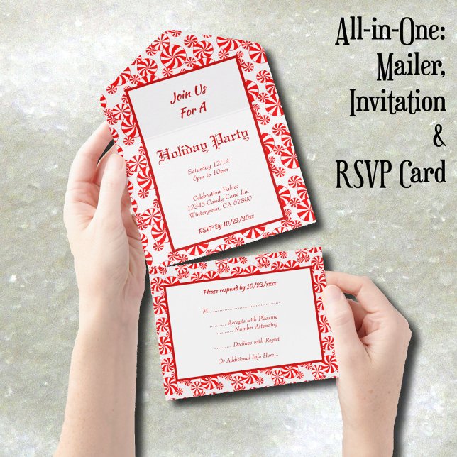 Convite Completamente Editável de Peppermint Verme (Peppermint Candy Pattern Editable Invitation, mailer and RSVP card)
