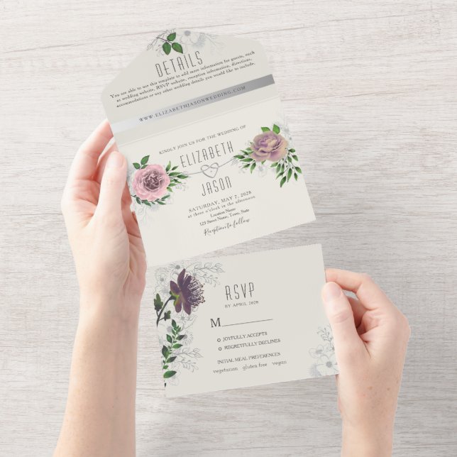 Convite Completo de Floral e Folhagens Rosa Empoei (Aba destacável)