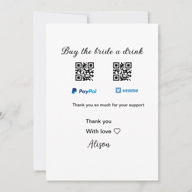 Convite Compre uma bebida para a noiva doação QR Venmo Pay (Frente)