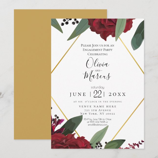 Convite COMPROMISSO | Floral Marsala Burgundy Rico e Elega (Frente/Verso)