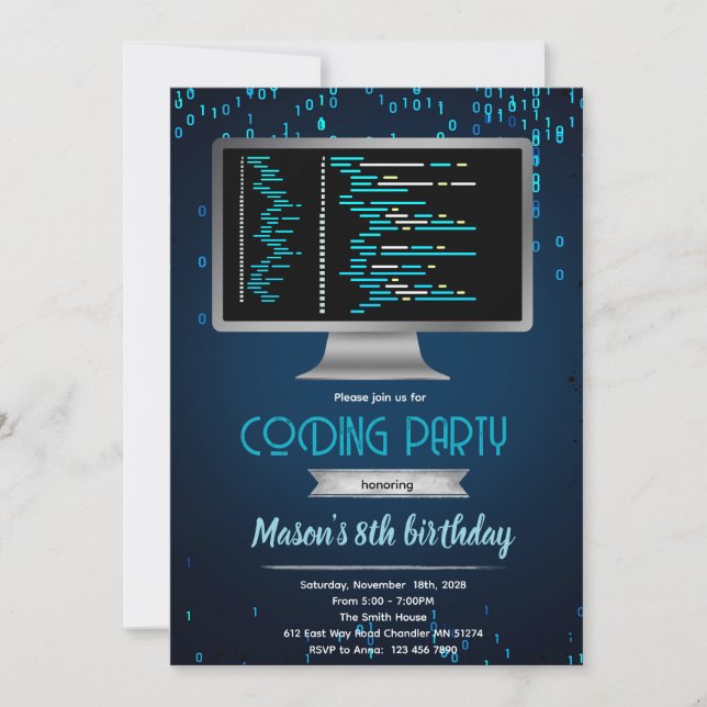 Convite Computer coding birthday party invitation (Frente)