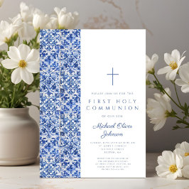 Convite Comunhão Azul Menino Cruz Moderno Azulejos