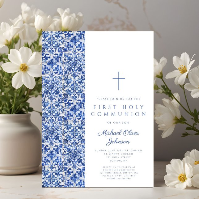 Convite Comunhão Azul Menino Cruz Moderno Azulejos (Modern Cross Blue Tiles Boy First Communion Invitation)