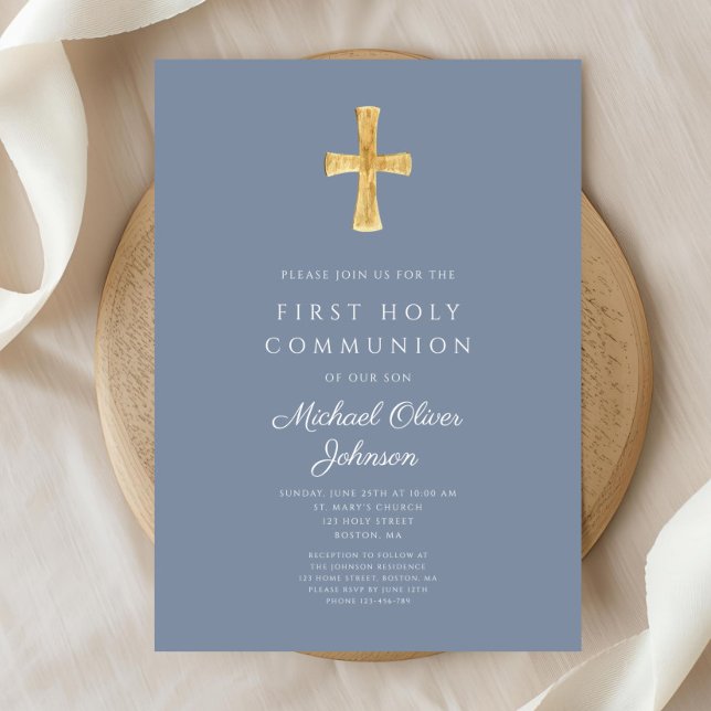Convite Comunhão Azul Moderna Cruz Religiosa Menino Primei (Modern Blue Cross Religious Boy First Communion Invitation)