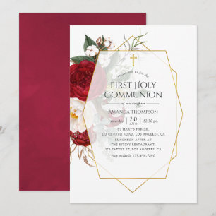 Convite Comunhão Burgundy & Floral Geométrica Branco
