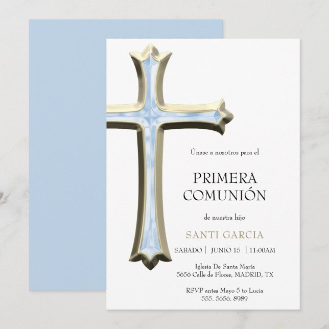 Convite Comunhão Classy Gold & Blue Cross (Frente/Verso)