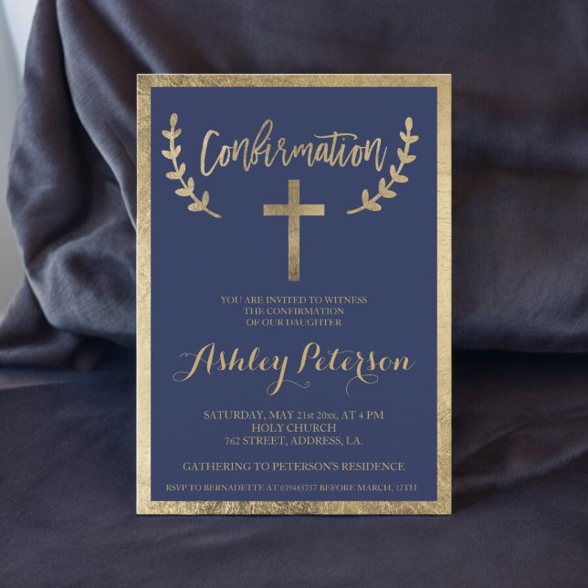 Convite Comunhão com borda de tipografia azul marinho (Gold navy blue typography border confirmation invitation)