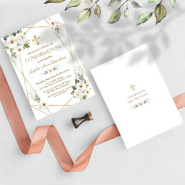 Convite Comunhão com Cruzada Dourada e Flores Brancas Deli