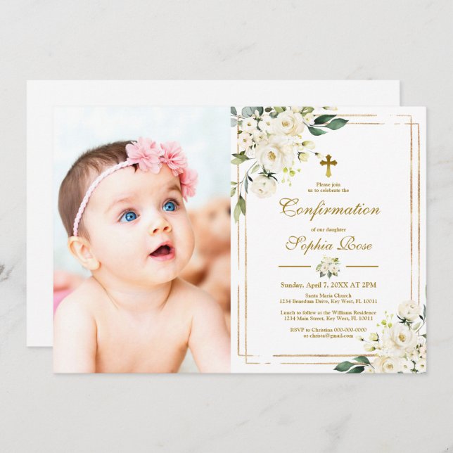 Convite Comunhão com Flores Brancas e Quadro para Foto Dou (Frente/Verso)