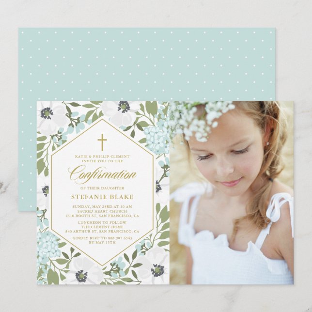 Convite Comunhão com Foto e Anêmonas Brancas Azul Floral (Frente/Verso)