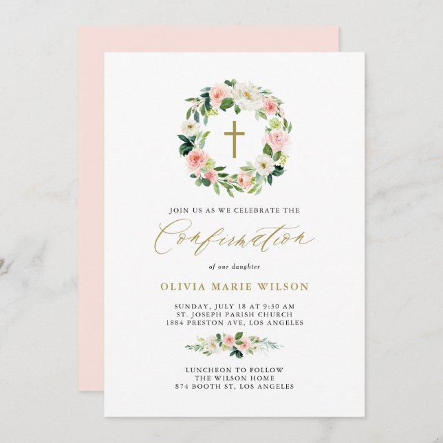 Convite Comunhão com guirlanda floral de pêssego em aquare (Frente/Verso)