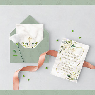 Convite Comunhão com mármore dourado e flores brancas