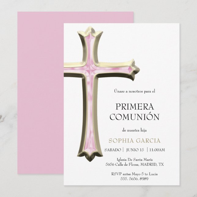 Convite Comunhão Cross Classy Dourada e Rosa (Frente/Verso)