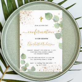 Convite Comunhão de menina  com eucalipto dourado e brilho