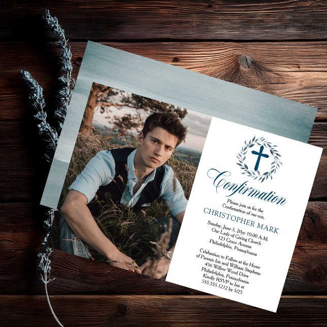 Convite Comunhão de menino com Foto e Coroa Aquarela Azul (Blue Watercolor Wreath Boy Photo Confirmation Invitation - Print | Digital Download)