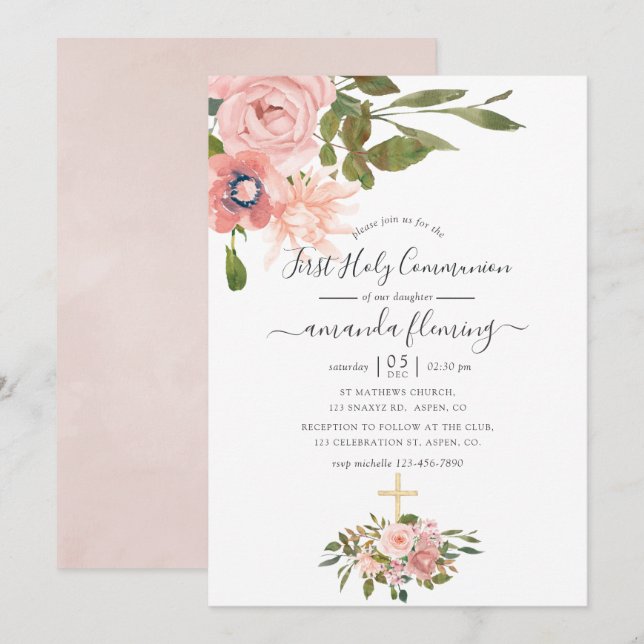Convite Comunhão floral em aquarela Bege e Dourado Rosa (Frente/Verso)